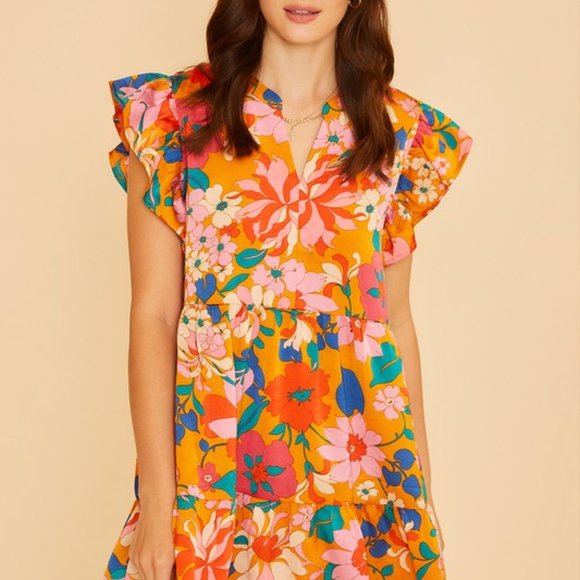 Orange Floral Print Tiered Dress - Picture 3 of 4